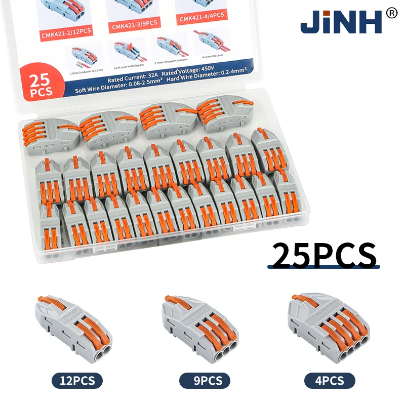 

JINH 25Pcs CMK421 Lever Connector Nuts Assortment Pack Quick Splicing Electrical Terminal Blocks Standard Solid Flexible Wires