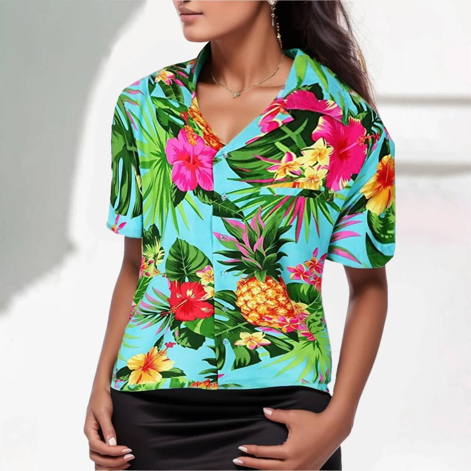 Chemises à imprimé floral hawaïen pour femmes, vêtements de plage de vacances, ananas tropical, poche frontale, mode estivale, Y