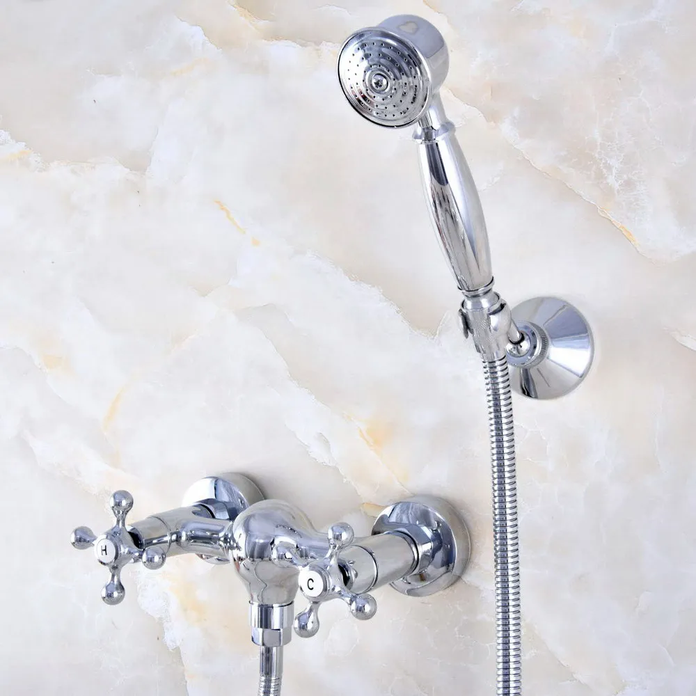 

Polished Silver Chrome Brass Wall Mounted Bathtub Faucet with Handheld Shower Set +1500MM Hose Mixer Tap 2na767