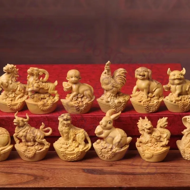 

Набор из 12 фигурок животных китайского зодиака из резного дерева боксwood - Портативный сувенир, подарок, коллекционный предмет, приносящий удачу