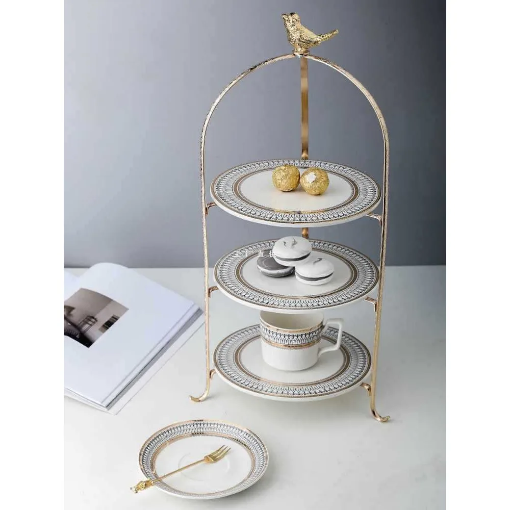 Wholesale European double deck dessert table Luxury gold three-tier cake Dim sum rack Western dinner plate set table Household t