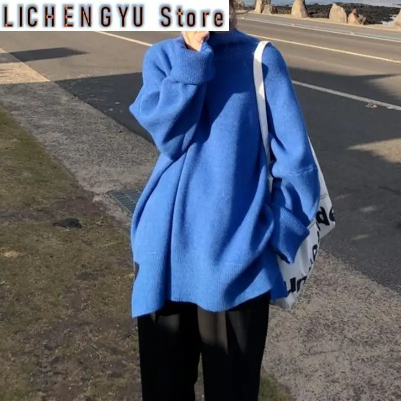 2021 Turtleneck Collar Sweater Women Spring Autumn Solid Knitting Pullovers Oversize Basic Black Blue White Jumper pull femme