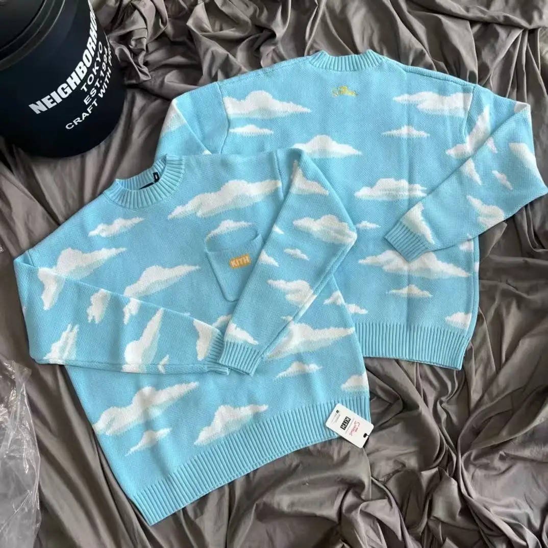 American Style KITH Simpson Collaborative Loose round Neck Pocket Knitted Sweater Blue  White Cloud Unisex Citywalk Long S...