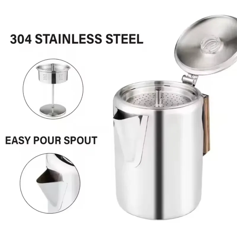 Stainless Steel American Coffee Pot for Outdoor Camping, 9 Cups Large Capacity with Scale, Lightweight Wild Cooking Brew Pot