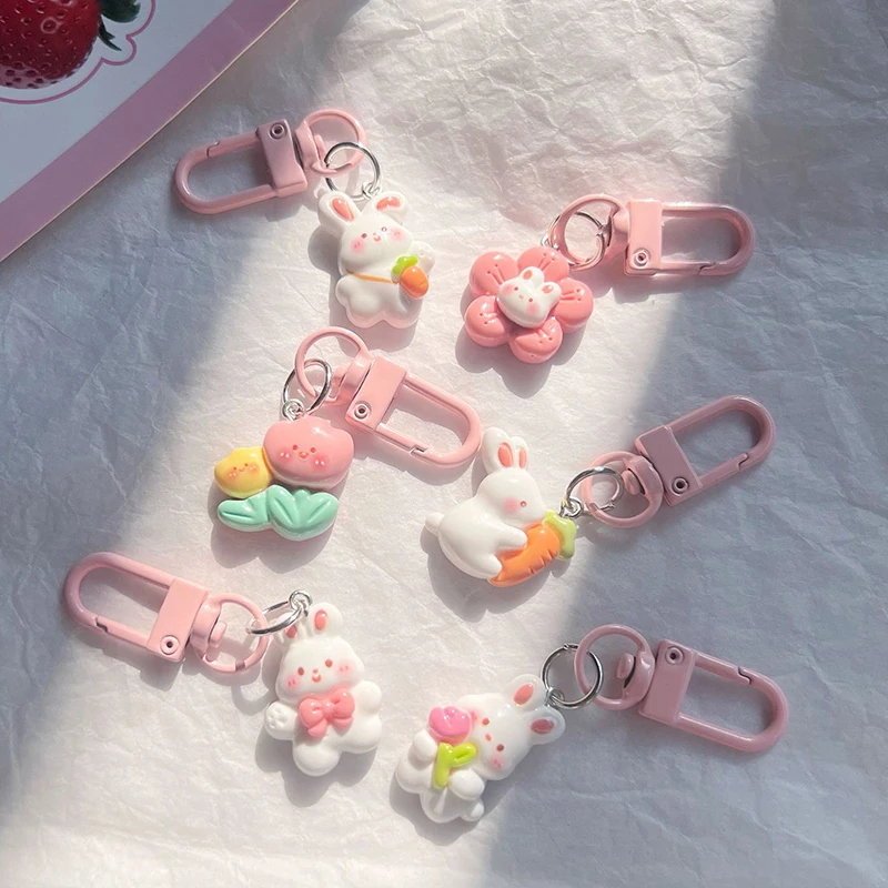 Cute Rabbit Flower Key Chains Kawaii Mini Tulip Flowers Keychain Girls Handbags Decorative Key Rings Pendant Accessories