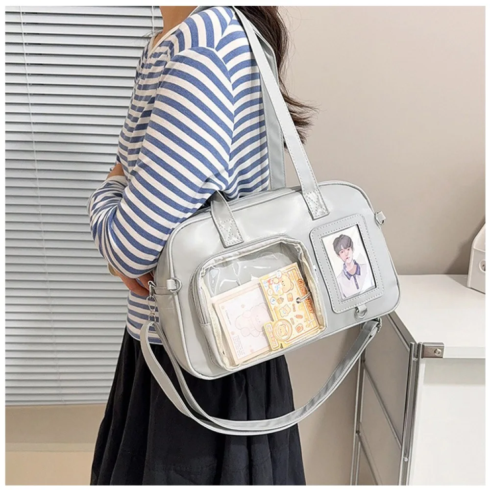 Simple transparent window bag with detachable shoulder strap for commuting and school, anime-themed two-dimensional storage cros