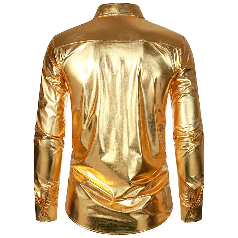 Gold Coated Metallic Shiny Mens Dress Shirts 70's Disco Dance Stage Club Shirt Men Carnival Halloween Xmas Party Chemise Homme