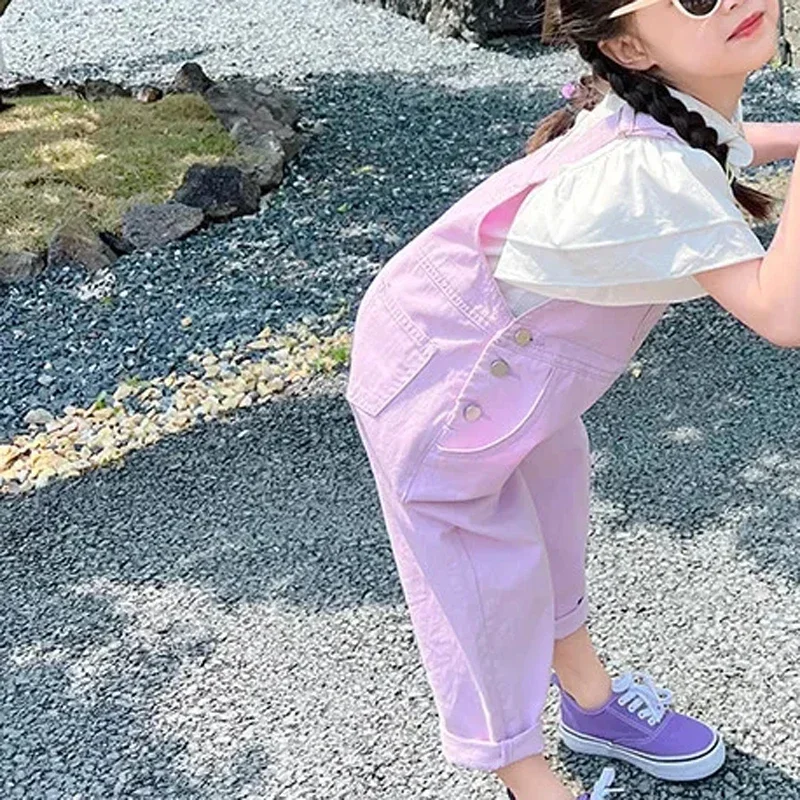 Fantasy purple Girls Overalls Middle Big Children's Loose Overalls Children's Casual Cropped Pants Summer Thin Suspenders