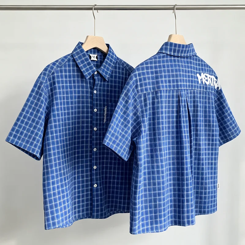 2026 Real Photo Deep Blue Embroidered Logo Printed Buttons Lapel Casual Shirt Fashion Checkered Mertra Short Sleeved Shirt