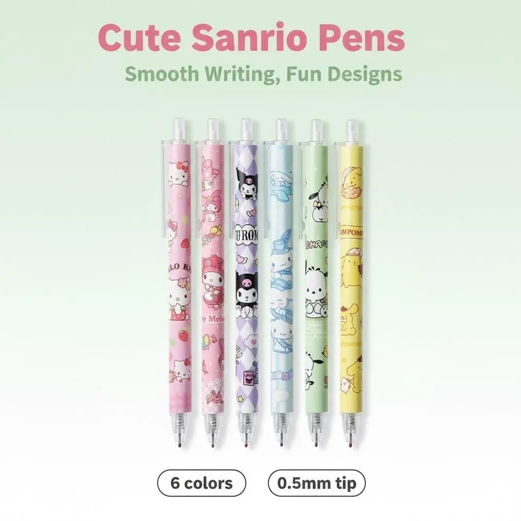 

6 шт. гелевых ручек Sanrio Hello Kitty Melody Kuromi Cinnamoroll Pochacco, нейтральные шариковые ручки для студентов, канцелярские товары для офиса и школы