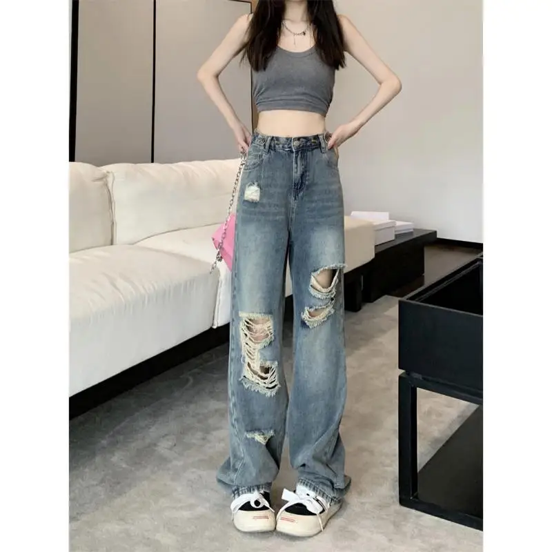 150cm Petite girls Hong Kong Style Distressed Jeans Women High Waisted Straight Tube Wide Leg And Floor Mopping Pants XS Summer