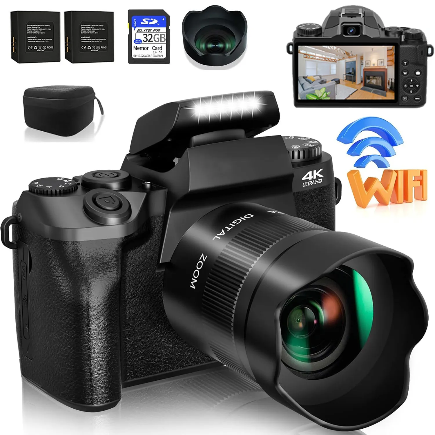 كاميرا رقمية 64 ميجابكسل SLR DSLR للتصوير الفوتوغرافي 4K 60FPS كاميرا فيديو مدونة فيديو تركيز تلقائي 4.0 بوصة تعمل باللمس كاميرا ويب يوتيوب البث المباشر