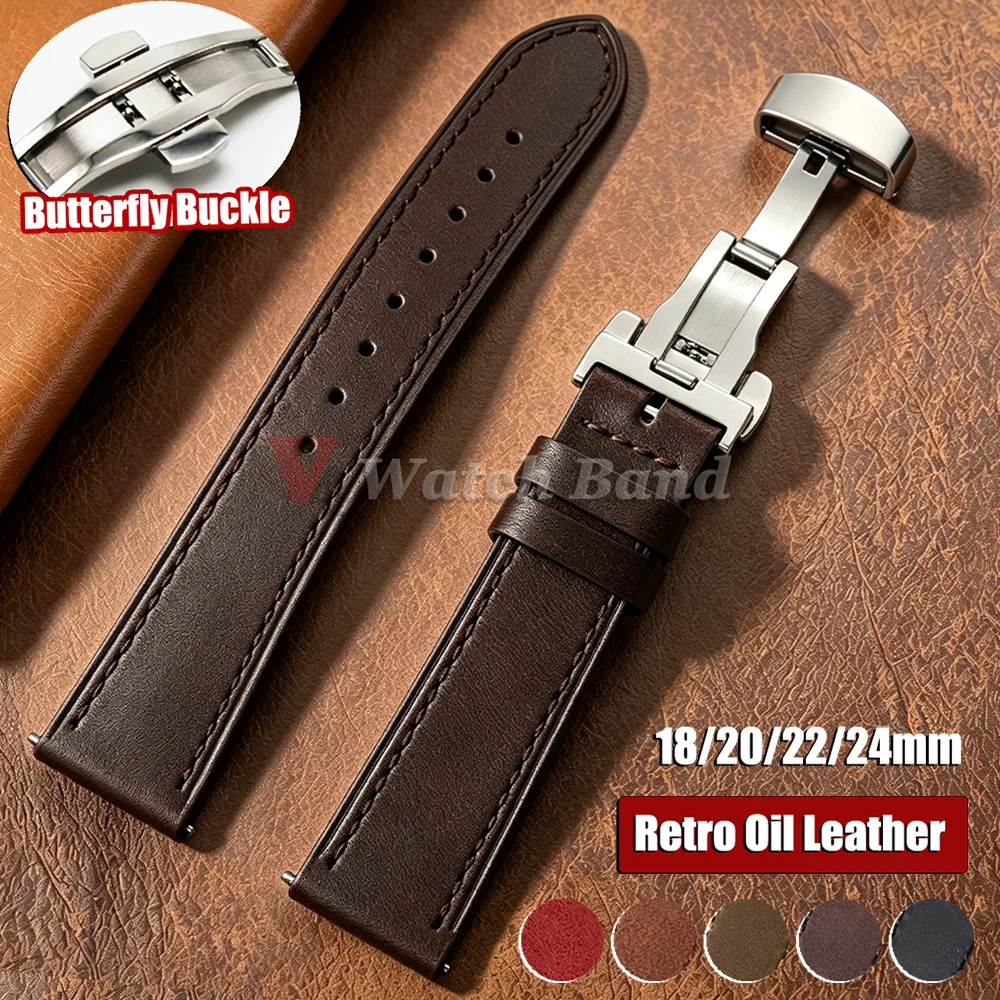 Waterproof Oil Leather Watchband 18/20/22/24mm Butterfly Buckle Deployment Watch Strap for Seiko for Omega Belts Men Women Bands