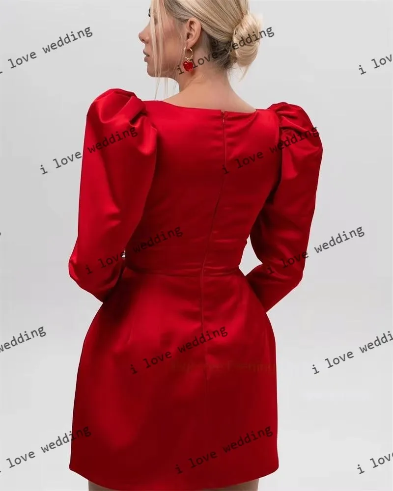 Red Square Neck Short Homecoming Dresses 2025 Satin Long Sleeve Elgant Women Party Dress Mini Length Prom Dresses Customized