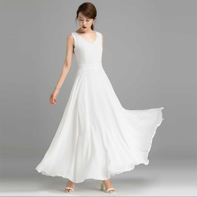 

White Chiffon Sleeveless Tank Dress – High-Waisted Swing Maxi Skirt, Slimming & Elegant Resort Beach Gown