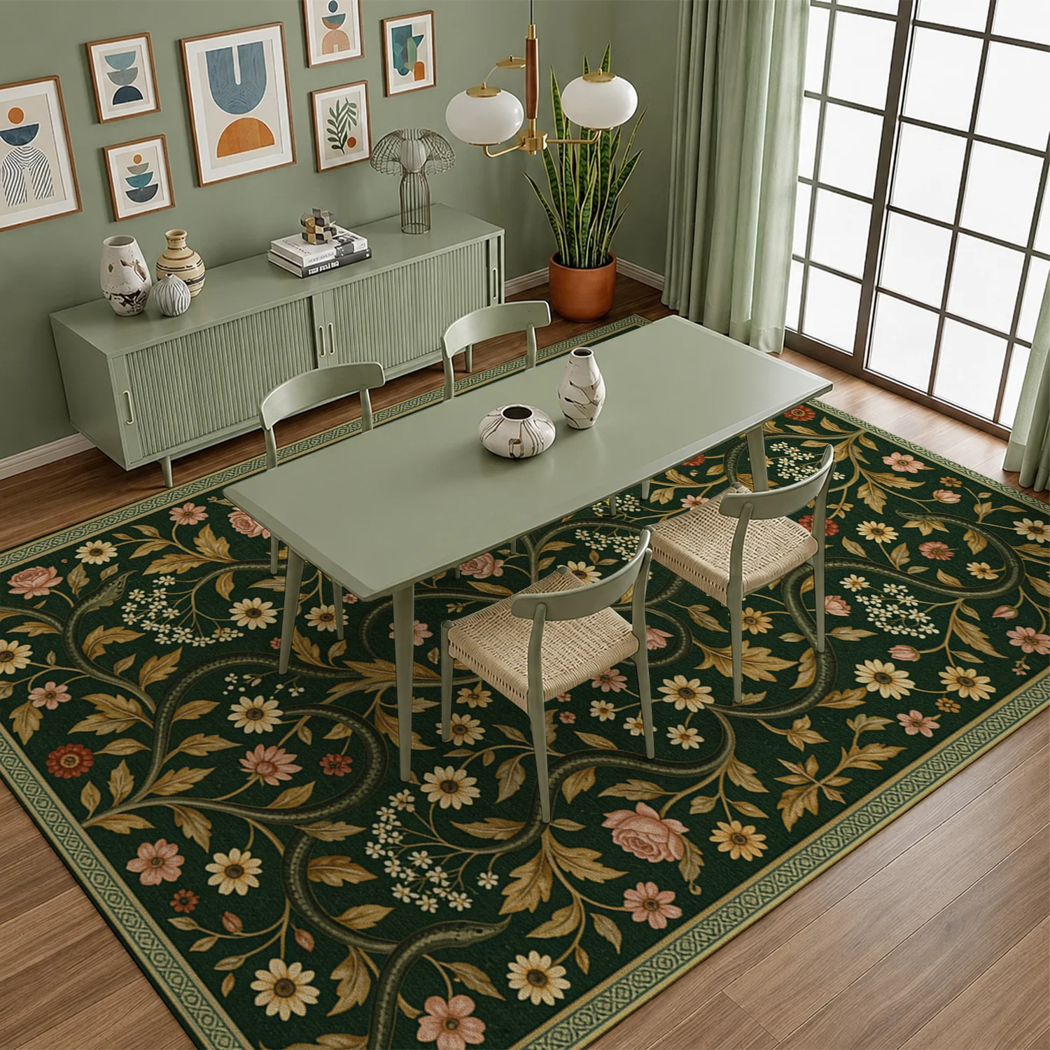 Vintage Snake and Floral Pattern Area Rug, Velvet Material Machine Washable, Ideal for Living Room Bedroom Dining Room, Perfect for Halloween Thanksgiving Christmas New Year Black Friday Cyber Monday