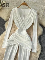 SINGREINY Minimalist Office Lady Jumpsuits Women Deep V Neck Slim Pleated High Waist American Fashion Glamorous Wide Leg Rompers - Image 4
