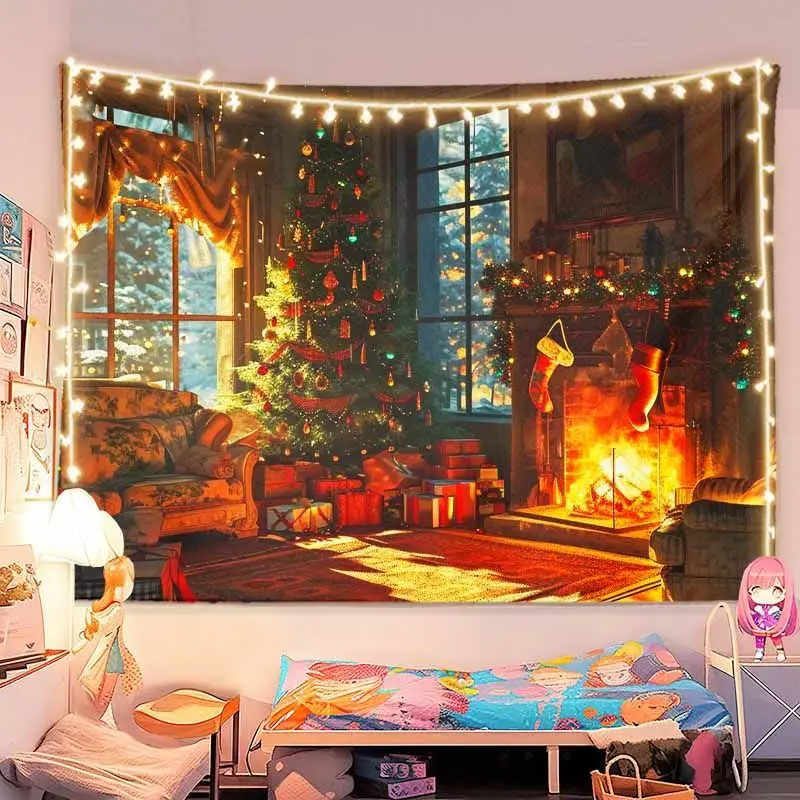 VIKAMA Vintage Christmas Living Room Wall Tapestry Big Tree Fireplace Sofa Gift Warm Light Cozy Holiday Aesthetic Home Decor