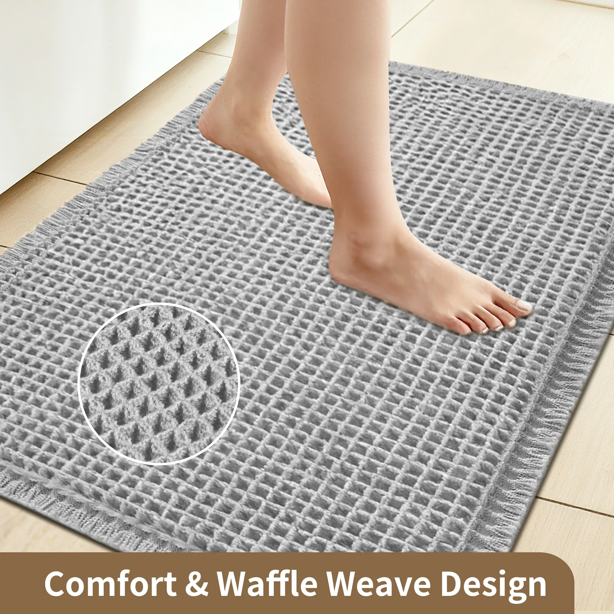 Waffle Bathroom Rugs Soft Non Slip Machine Washable Super Absorbent Bath Mats with Tassels for Bathroom Floor Tub Beside Decor