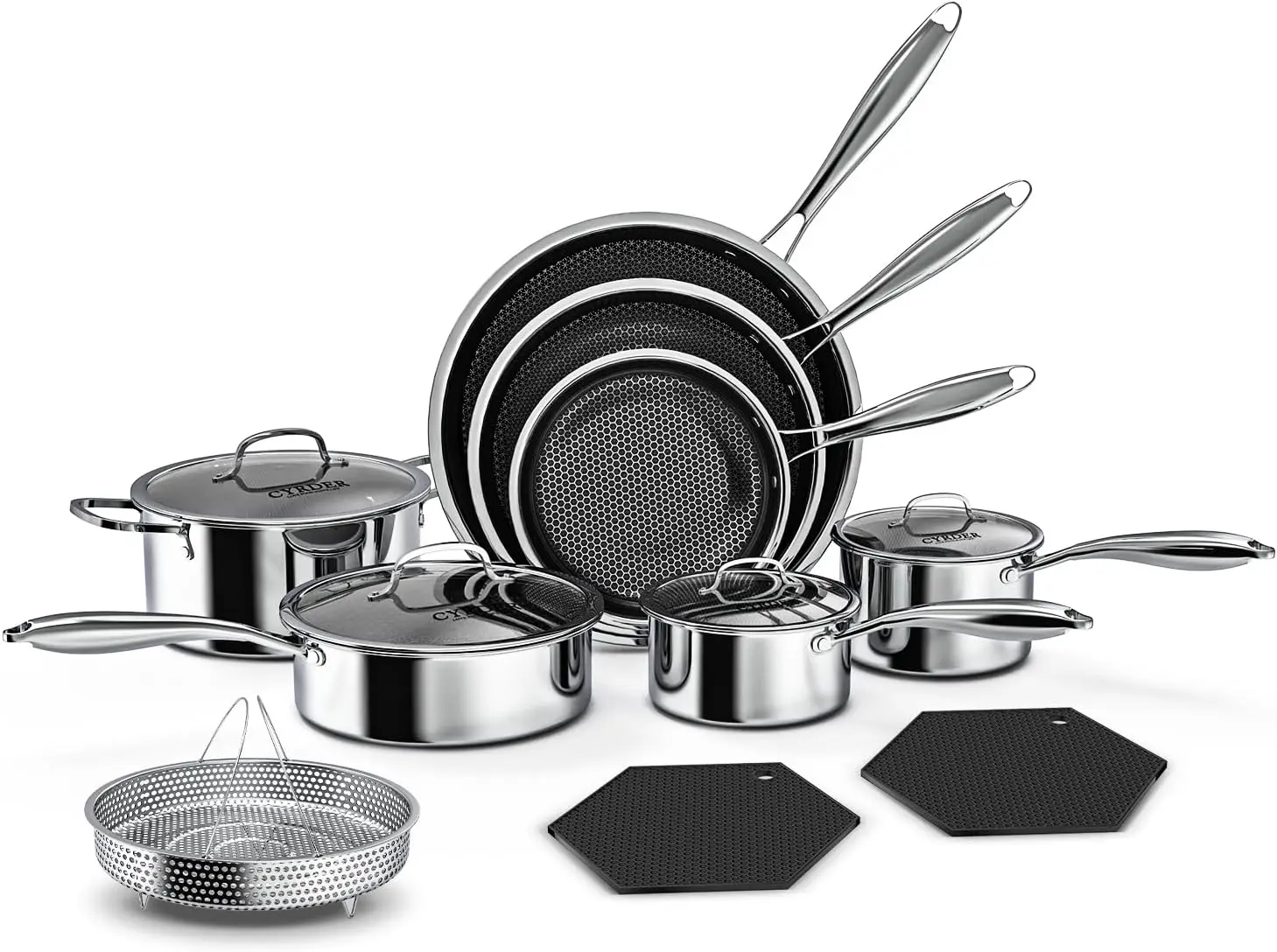 Pots and Pans Set Non Stick, 14 Pcs 5-Ply 18/10 Stainless Steel | Hybrid Professional Chef Quality Cookware Set, Induction Compa