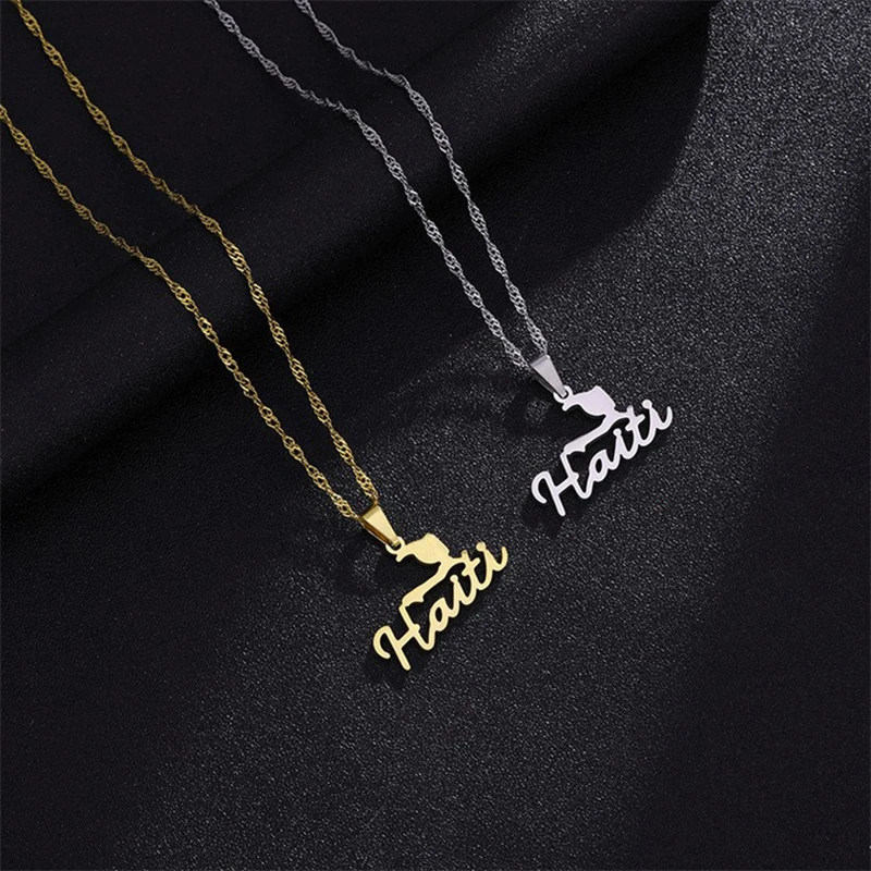 Mode Repiblik Ayiti Karte Stadt Anhänger Halskette Edelstahl Männer Frauen Haiti Karten Schmuck Geschenk – Detail 2
