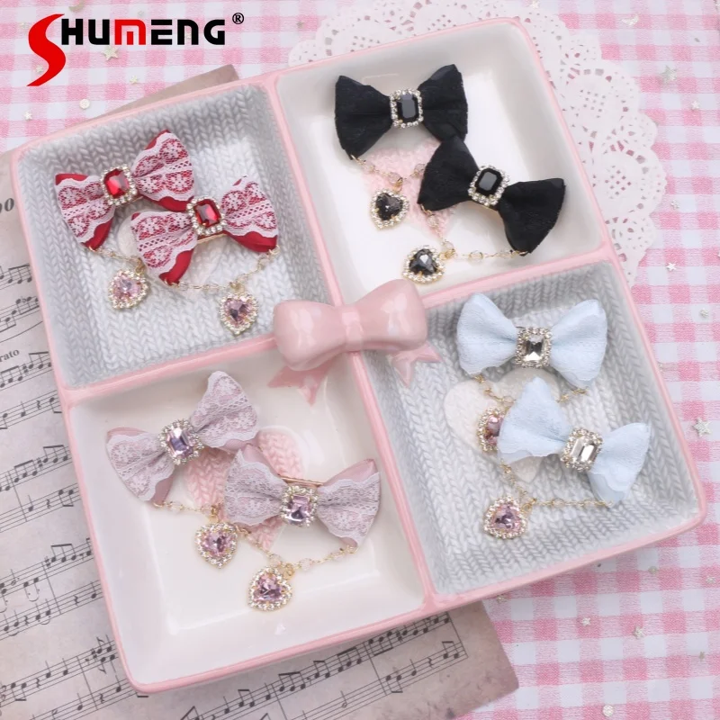 Lolita Sweet Cute Lace Edge Chain Heart Shape Hair Clips Kawaii Rhinestone Pendant Small Bowknot Hairclips Barrettes for Women