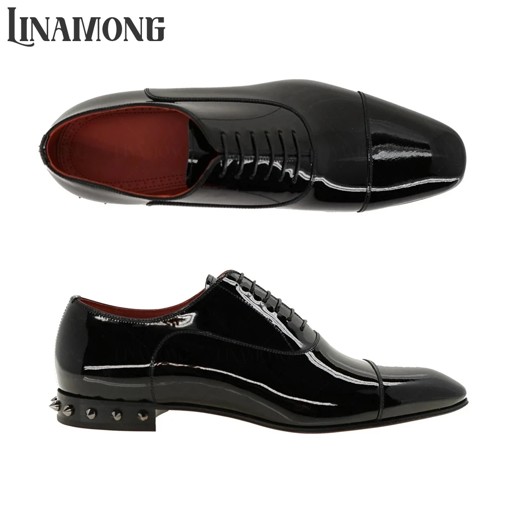 

Black Patent Leather Oxfords Almond Toe Lace-Up Dress Shoes Black Rivet Chunky Heel Leather Shoes Designer Handmade Men's Shoes