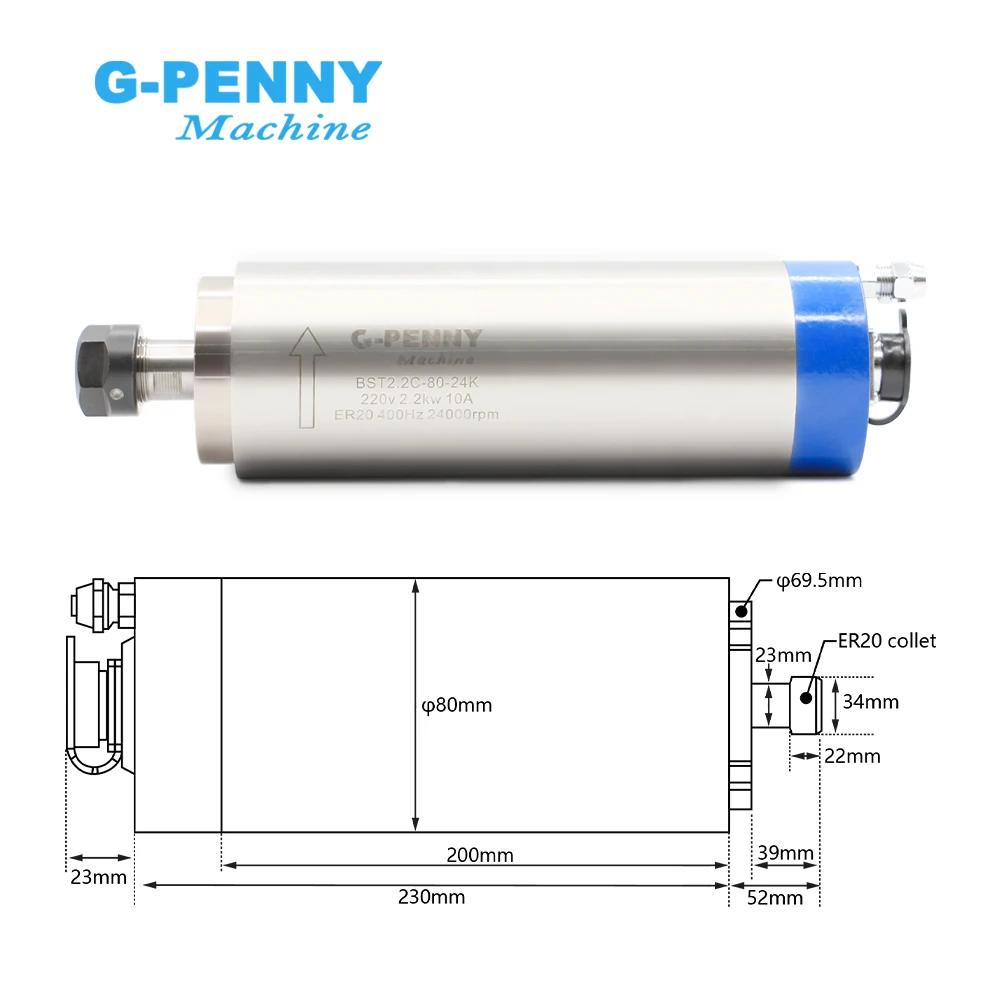 

Water Cooled Spindle 2.2kw ER20 220v With QL Inverter,water Pump,bracket,collet, Spindle Motor Kit