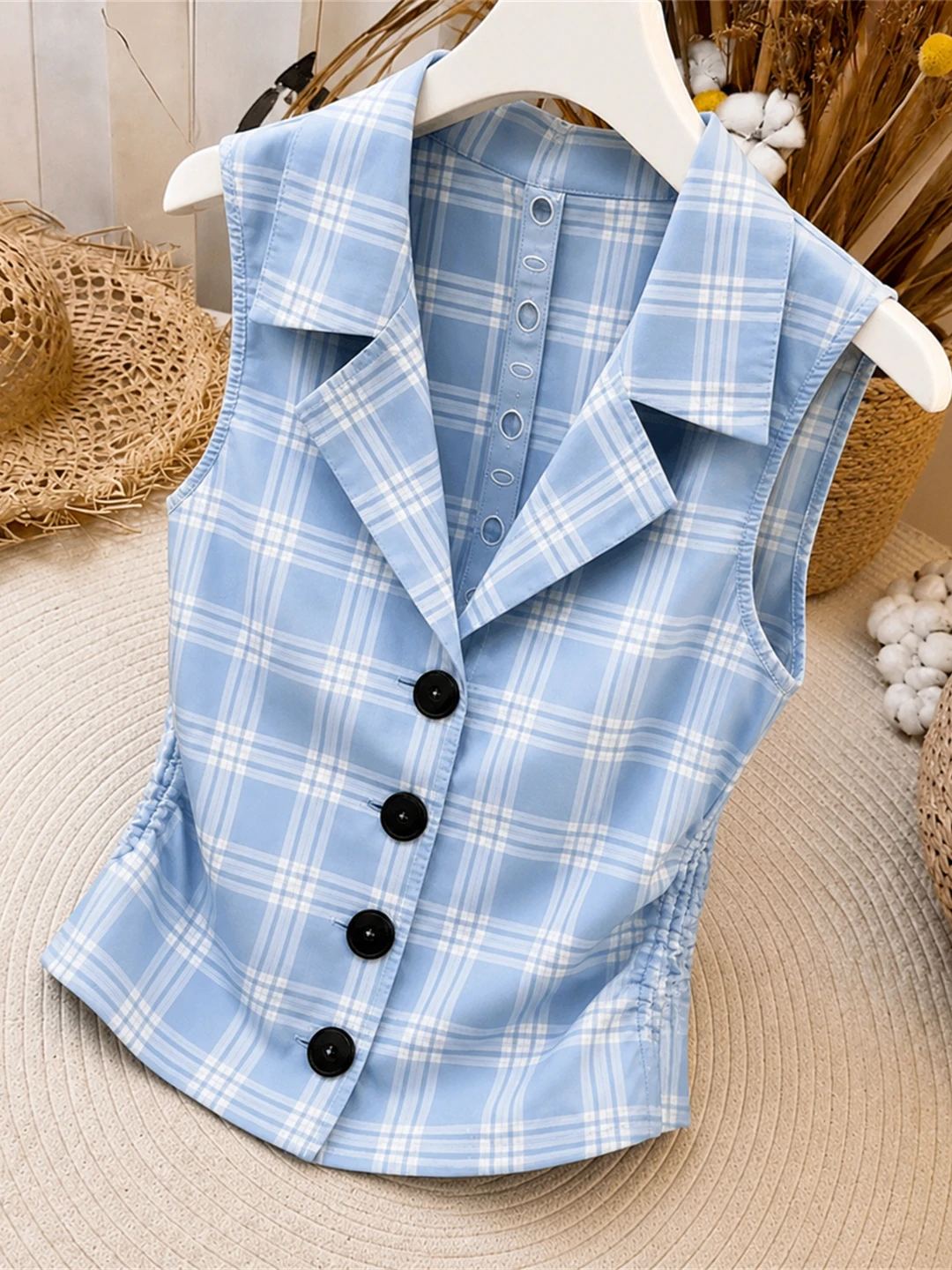 

Retro Plaid Sleeveless Suit Collar Single Button Commute Style Women's Shirt Korean Version Straight Cut Summer Fashion