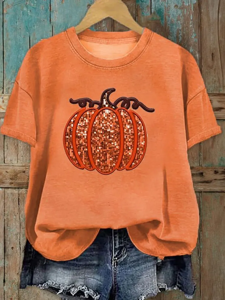 

Women's Hallowmas Pumpkin Print T-Shirt Not Sequin