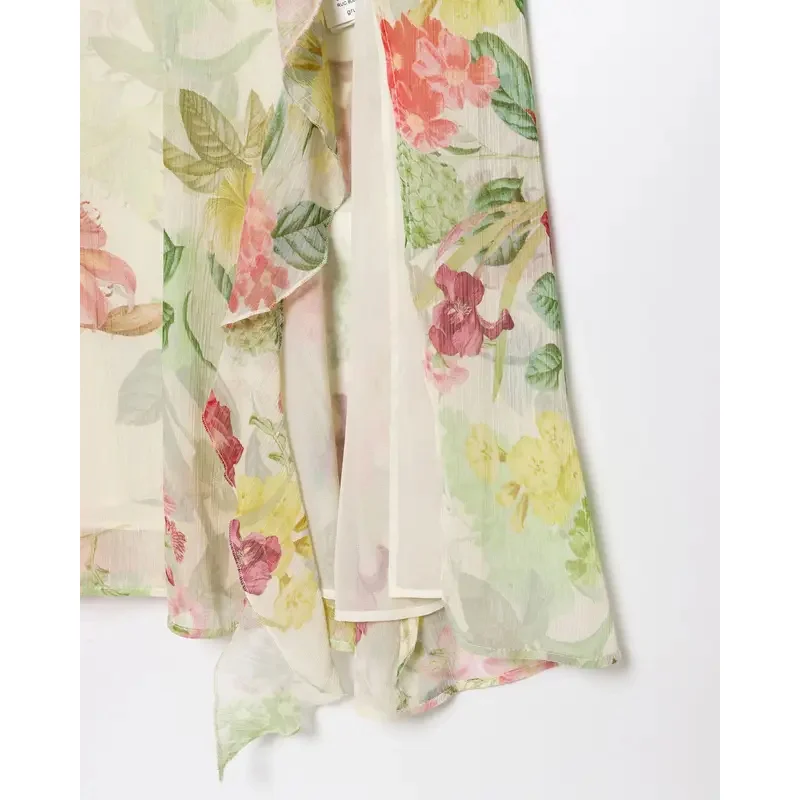 Women's Sleeveless V-Neck Dress Casual Fashion Sweet Open Waist Mid-Length Beach Holiday Gown with Flower Print