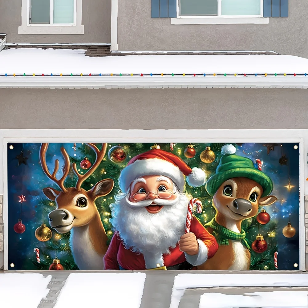 قطعة واحدة من لافتة عيد الميلاد الكبيرة المسطحة ثنائية الأبعاد، لافتة باب جراج عيد الميلاد - تصميم سانتا والرنة، لافتة غطاء بوليستر مقاس 157 × 71 بوصة #1