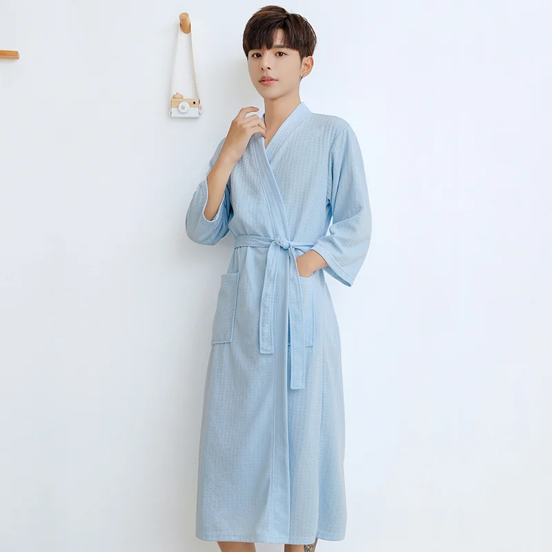 Long Sleeve Thin Kimono Robe for Women Hotel Beauty Salon Bathrobe Summer Morning Gown Couple Casual Wear Knee-Length Pure Color