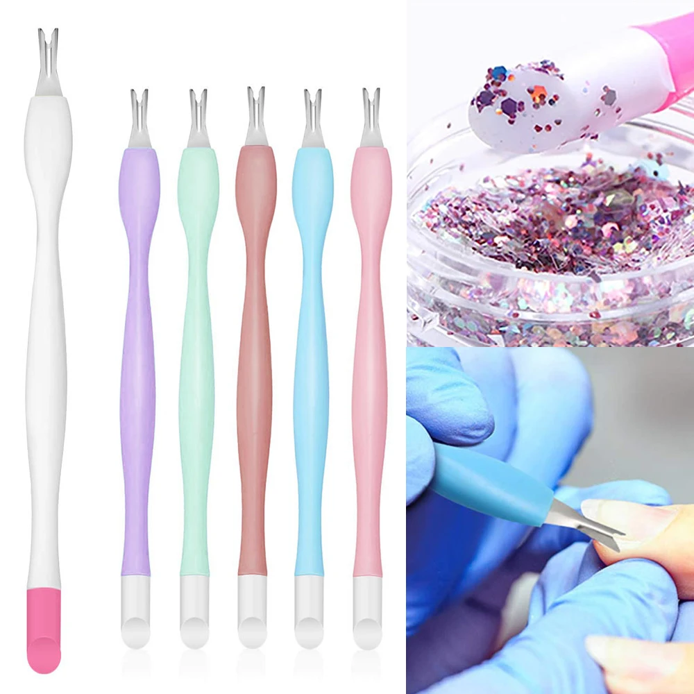 Recortador de cutículas de uñas, limpiador de uñas de goma, mango de plástico, empujador de cutículas, doble cabezal, piel muerta, cuchillo para cutículas, 5 uds.