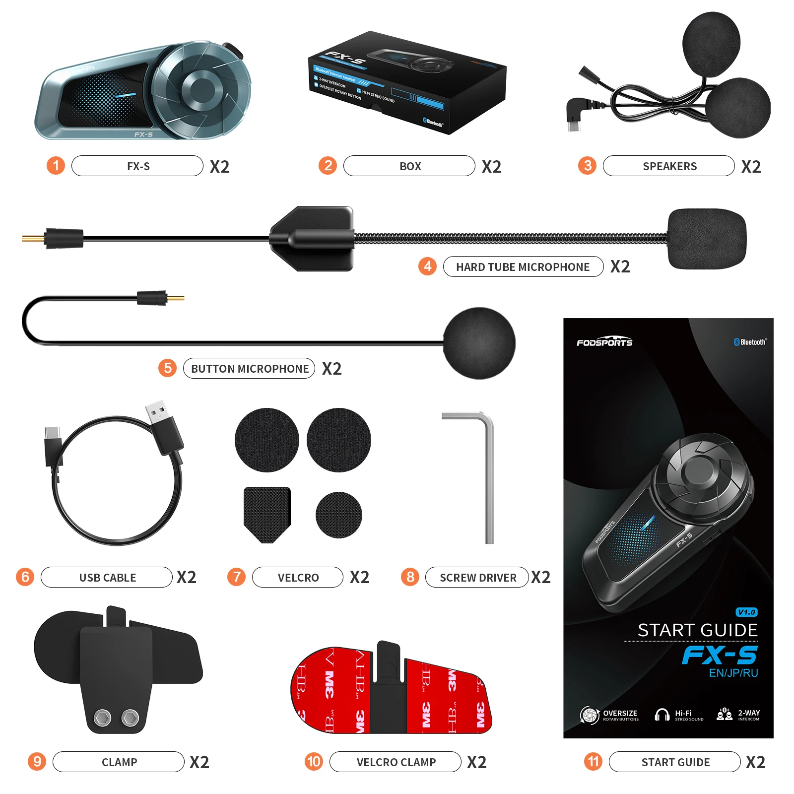 2 stuks Fodsports FX-S motorfiets intercom Bluetooth helm headset draadloze moto interfoon, 1000M, BT5.4.