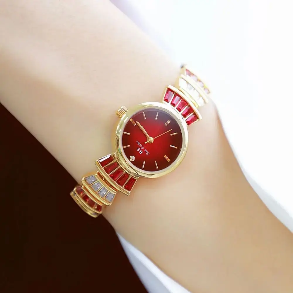 Montre élégante en diamant rouge pour femmes, marque SB bee sister, robe de luxe, montre-Bracelet à Quartz doré, Bracelet à la mode pour dames, cadeau 2025