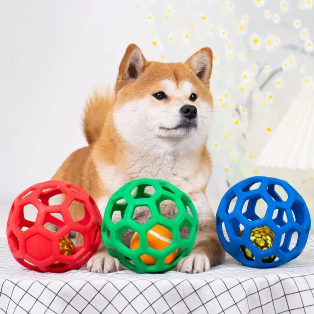 Pet Dog Hollow Ball Toy with Bell Natural Rubber Chew Toy Dog Interactive Balls Puppy Training Teeth Cleaning Hollow Toys Ball