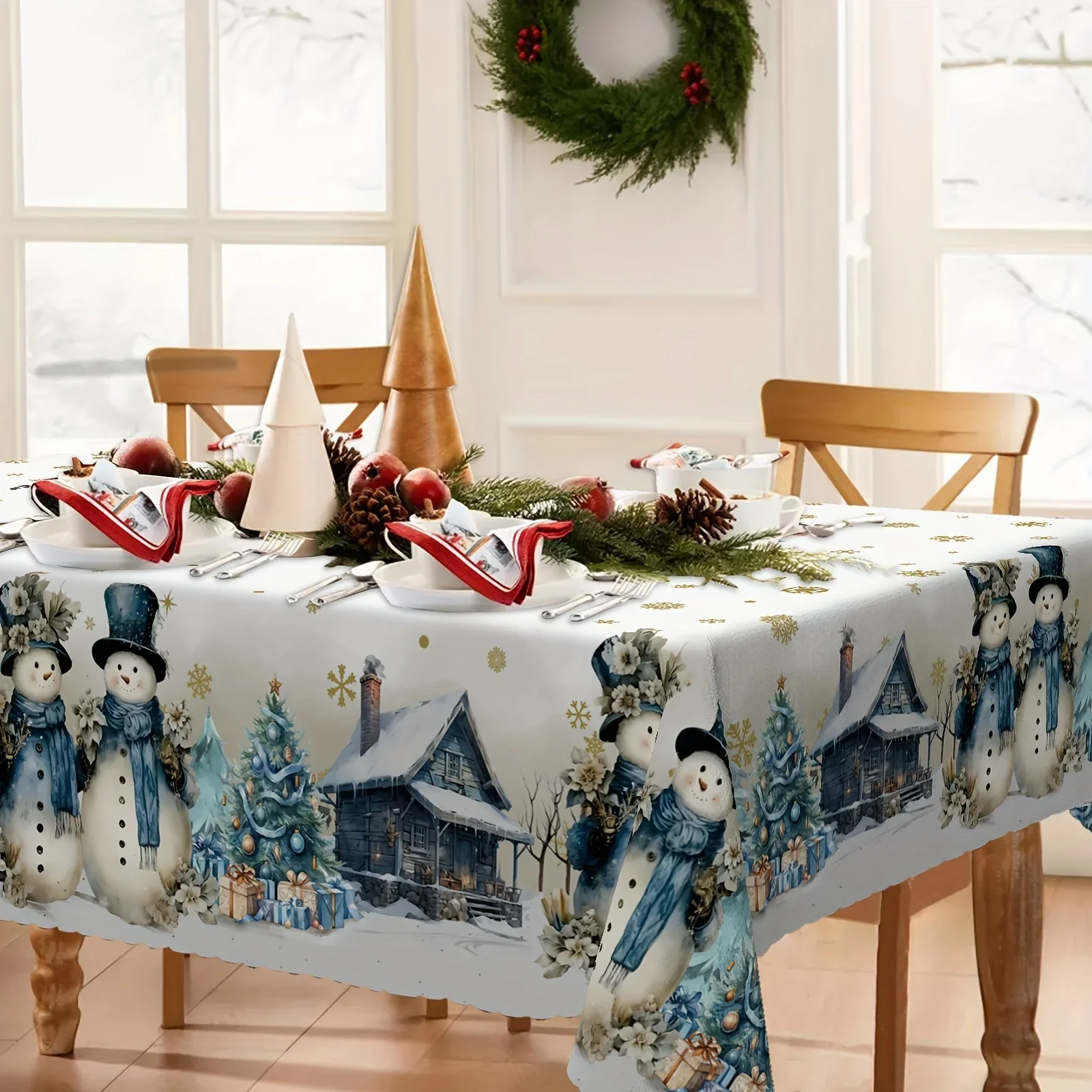 Christmas Snowman Golden Snowflake Waterproof Tablecloth Holiday Party Decor Xmas Tree Rectangle Table Cloth for Table Decor