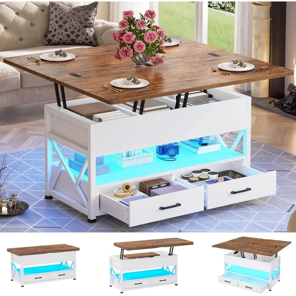 

Lift Top Coffee Table with 2 Drawers&LED Light, Small Coffee Table with Storage