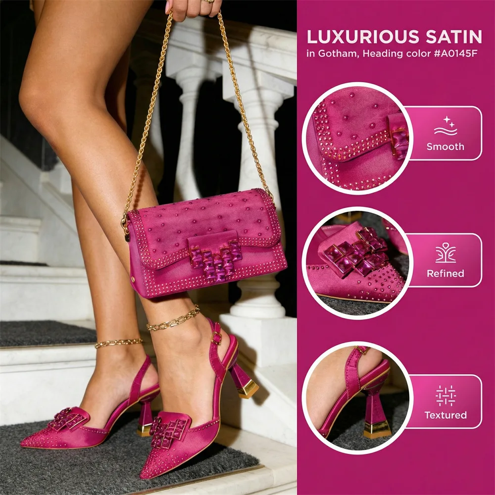 Women's shoe and bag set, exquisite diamond buckle with imitation silk fabric, fine heel and pointed shoes.