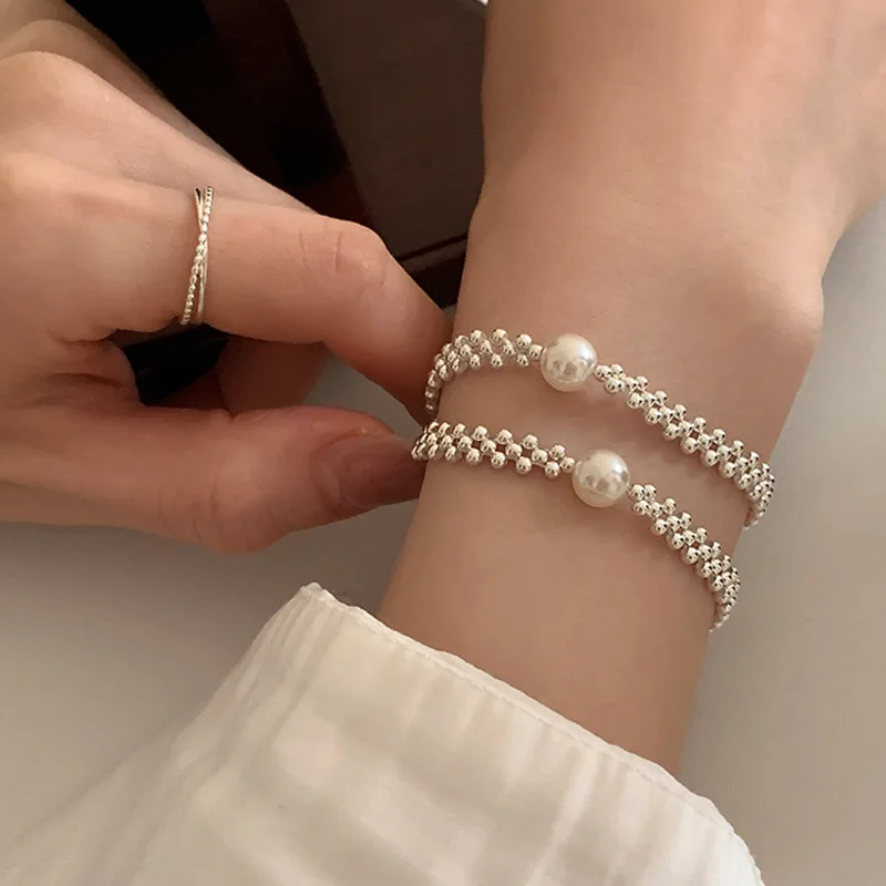Woven Pearl Bead Bracelet Textured Minimalist Dainty Stacking Elegant Jewelry for Women