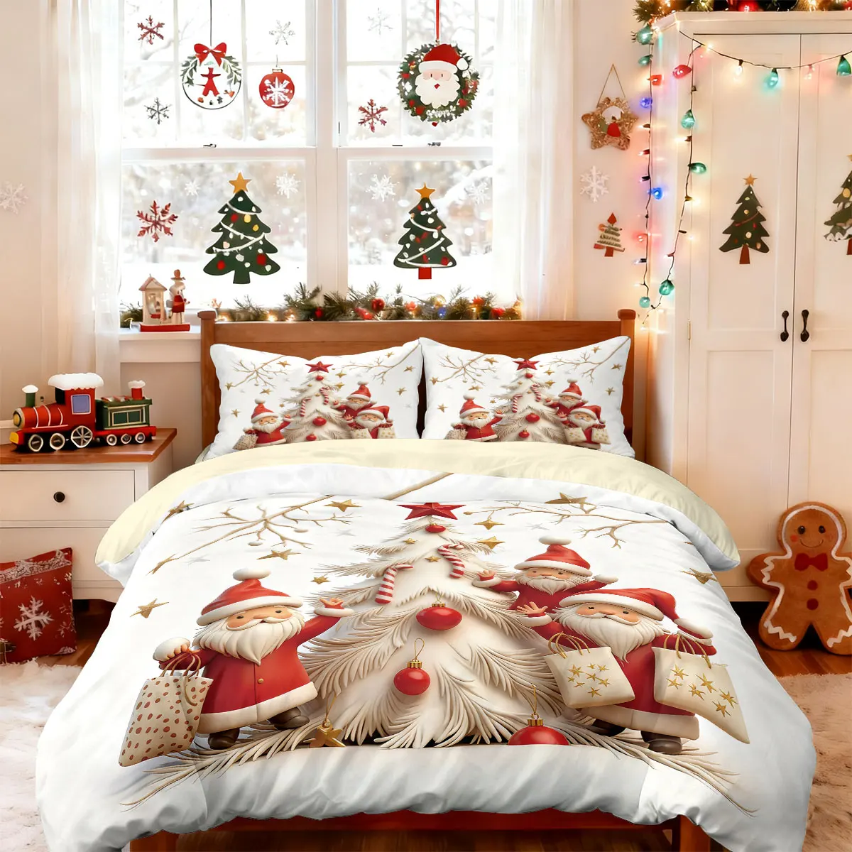 3pcs cartoon Christmas tree print coreless duvet set multi size bedroom, dormitory bedding, holiday decoration, machine washable