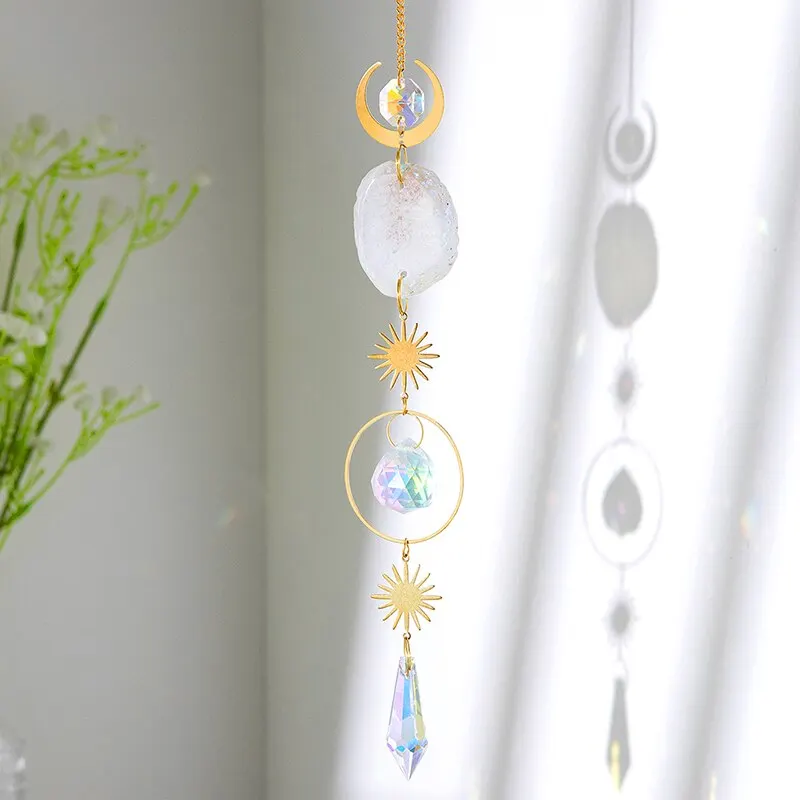1pc,Agate Raw Stone Artificial Crystal Wall Hanging,Sun Eyes And Stars Moon Pendant, Home Decorations,Garden Sunny Catcher