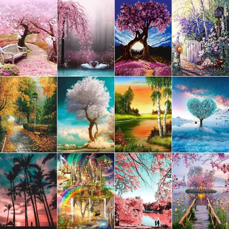 

SDOYUNO 5D DIY Diamond Embroidery Bridge Full Square Diamond Painting Cherry Blossoms Landscape Cross Stitch Home Decorations