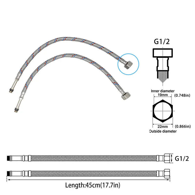 45cm Stainless Steel Braided Water Inlet Hose Flexible Connector Pipe For Kitchen Bathroom Basin Faucet Replacement Accessory
