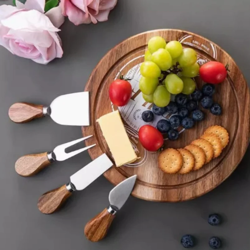 

4 Cheese Knives Set Cheese Cutlery Steel Stainless Cheese Slicer Cutter Wood Handle Mini Knife Butter Knife Spatula Fork