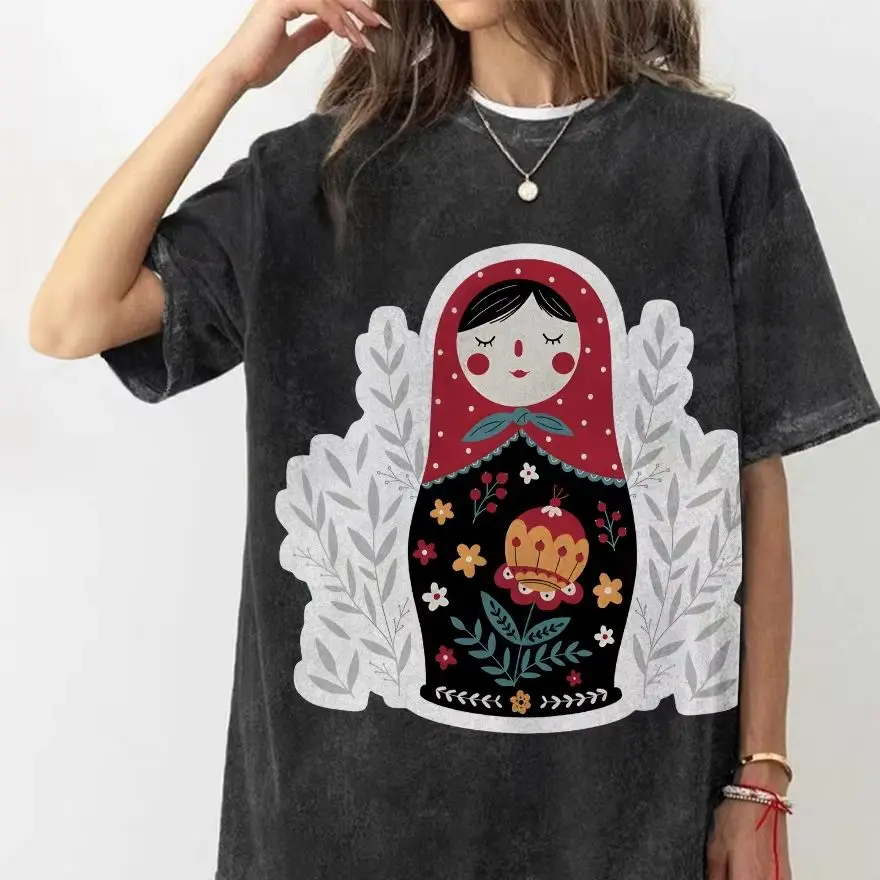 

Matryoshka Doll Graphic T - Shirt, Vintage and Cutecore Style, Y2k - Inspired Design with Floral Accents,Trendy Casual Wear