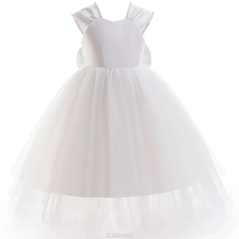 

White Pearl Sleeveless French Tutu Gown Kids Wedding Flower Girl Dress Costume Children Dresses Long Princess Outfits Clothes