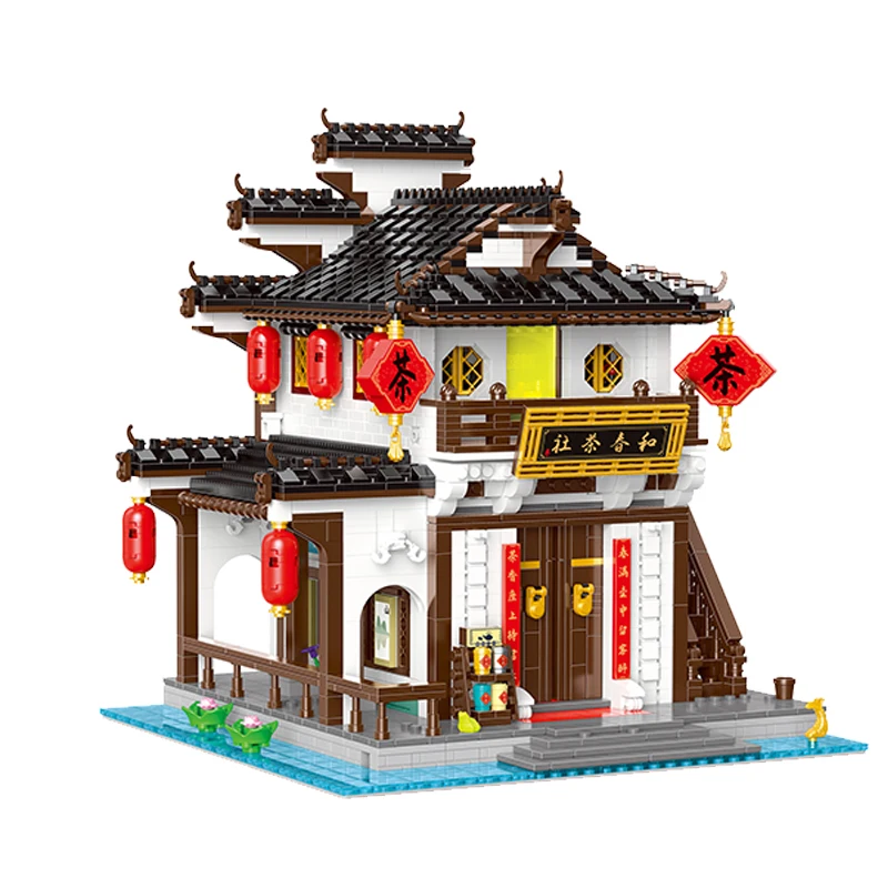 City Streetscape Zhonghua Street Jiangnan Water Town Series MOC Hechun Tea Society Villa Brick Children Puzzle Toy Gift