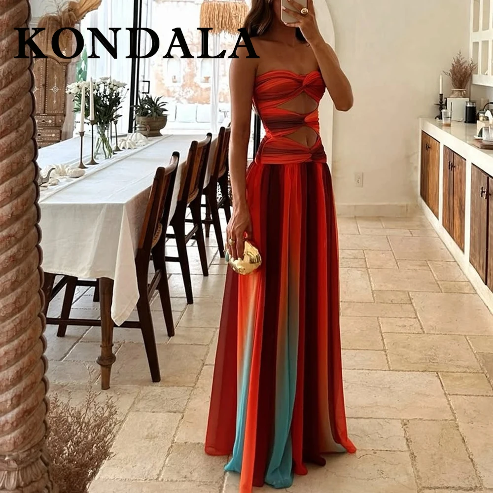 KONDALA Fashion 2025 Damskie Sukienki Wzorzyste na Wakacje Wiosenne Bez Ramiączek z Wycięciami Dopasowane Długie Sukienki na Zamek Błyskawiczny Seksowne Sukienki Damskie z Efektem Drapowania Eleganckie